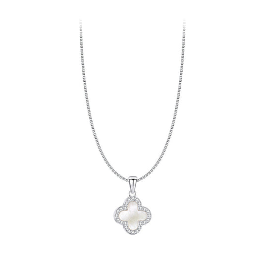 White Gold Pearl Clover Necklace